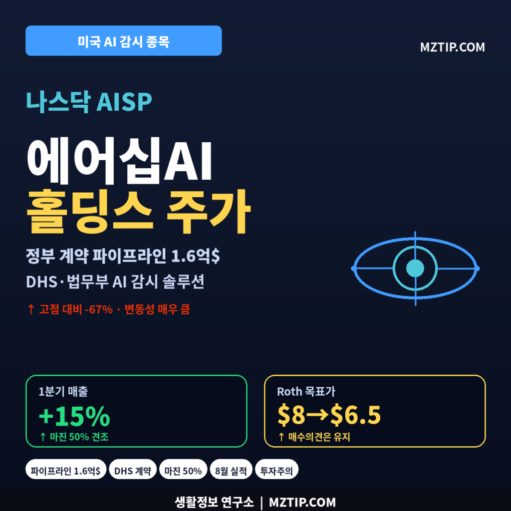 에어십AI홀딩스 주가 AISP 나스닥 정부 계약 파이프라인 1.6억 달러 DHS 법무부 AI 감시 매출 15% 마진 50% 분석 인포그래픽