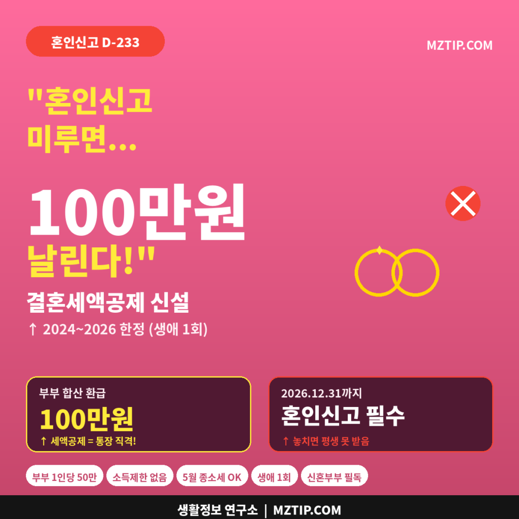 결혼세액공제 100만원 신혼부부 혼인신고 D-233 2026 시한 부부 합산 세액공제 신설 인포그래픽