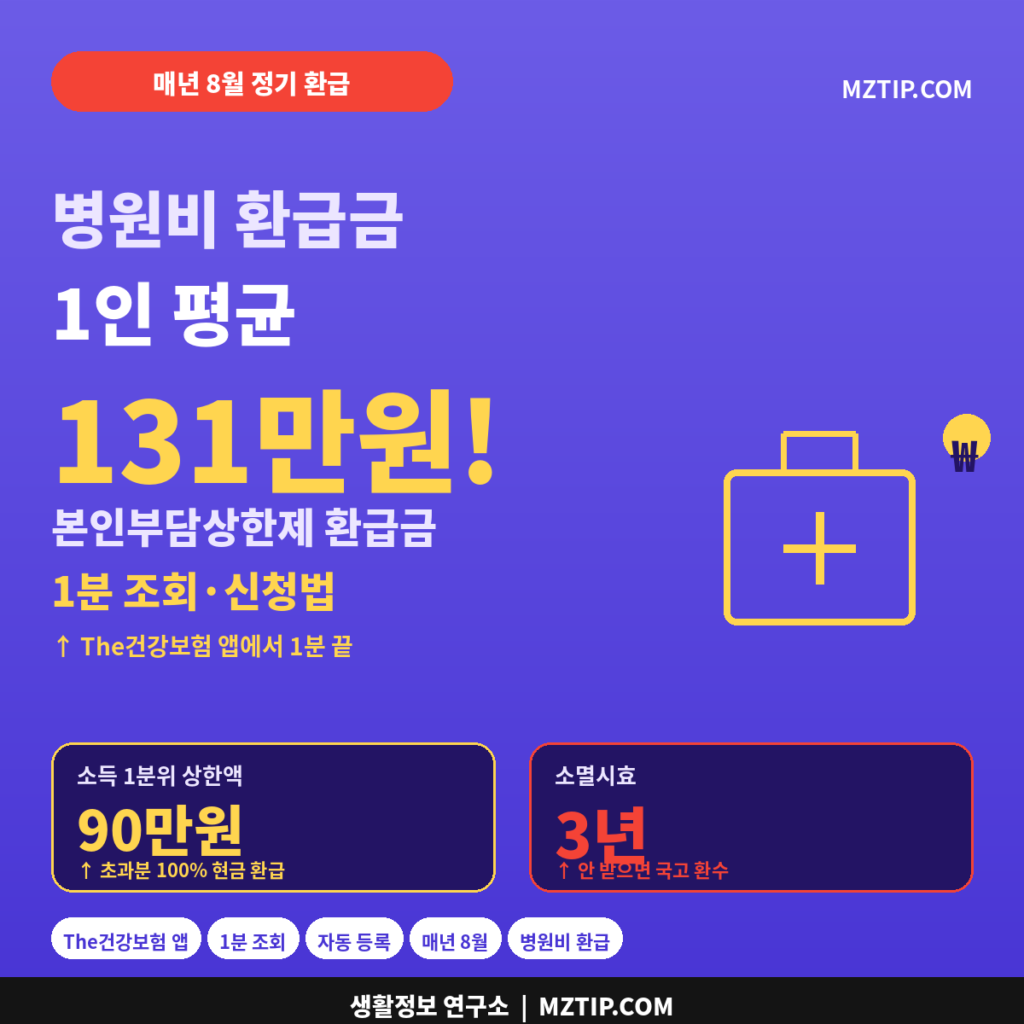 본인부담상한제 환급금 1인 평균 131만원 The건강보험 앱 1분 조회 소득분위별 상한액 매년 8월 환급 인포그래픽