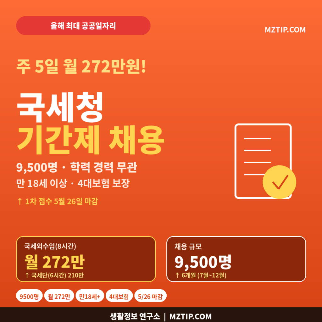 국세청 기간제 채용 9500명 주 5일 월 272만원 학력 경력 무관 만 18세 4대보험 5월 26일 마감 인포그래픽