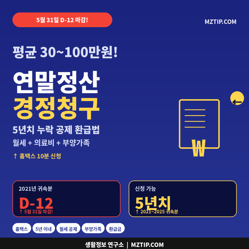 연말정산 경정청구 5년치 환급 평균 30~100만원 D-12 마감 홈택스 10분 신청 월세 의료비 부양가족 인포그래픽