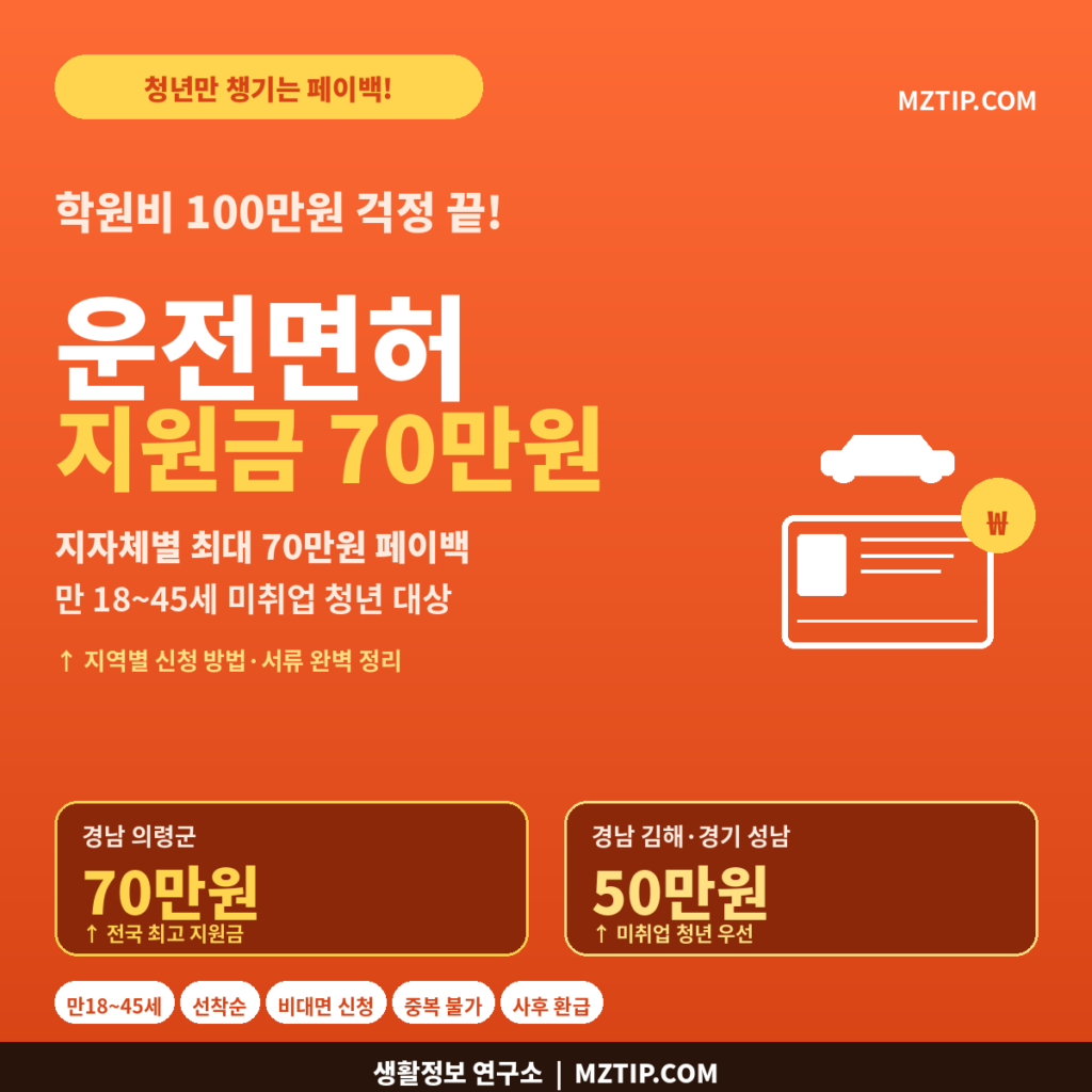 운전면허 지원금 최대 70만원 청년 페이백 지역별 총정리 경남 의령 김해 경기 성남 만 18~45세 인포그래픽