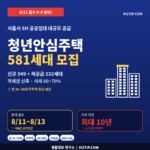 청년안심주택 2026 2차 581세대, 8월 11일 접수 시작 완벽 정리 1 청년안심주택 2026 2차 581세대 신규 349 재공급 232 만 19~39세 무주택 청년 8월 11일 접수 D-6 SH 공공임대 아파트 인포그래픽